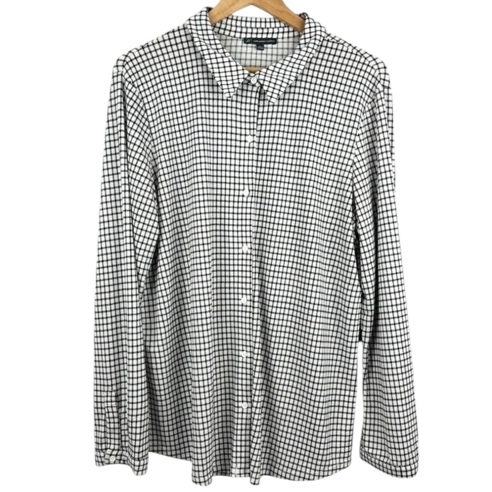Adrianna Papell White With Black Check Plaid  Collared Button Down Blouse XL